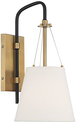 Image of Possini Euro Design Crysta Mid Century Modern Wall Light Sconce Warm Brass Black Hardwired 8 inch Fixture White Linen Drum Shade for Bedroom Living Family Room Home Hallway Dining House
