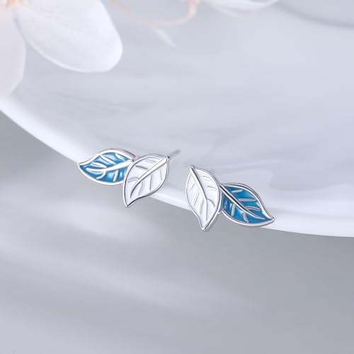 Reffeer Solid 925 Sterling Silver Small Leaf Stud Earrings for Women Teens Blue Leaf Stud Earrings Spring4