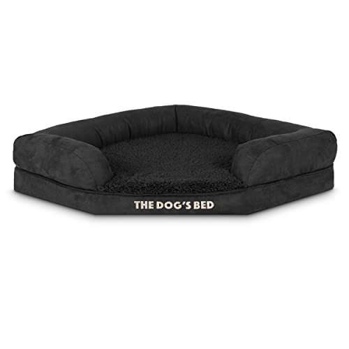 The Dog's Bed Orthopädisches Eck-Hundebett aus Memory-Schaum, Mittel, Schwarzes Plüsch, lindert Arthritis- und Hüftdysplasie-Schmerzen, Therapeutisch und Unterstützend, Tierärztlich Geprüft