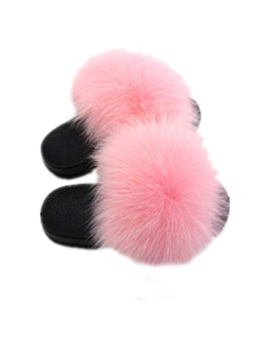 LVCOMEFF Girls Toddler real fox fur sandals slides fluffy fuzzy for kid child