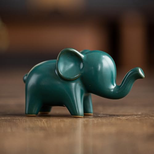 OwMell Decoración de elefante de buena suerte para el hogar, pequeña estatua de elefante de cerámica para decoración del hogar, adorno de la colección de elefantes, color verde