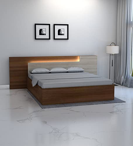 Image of King Size Engineered Wood Platform Bed with LED Fitted Headboard and Storage (Brown /Walnut) (Without Side Table)