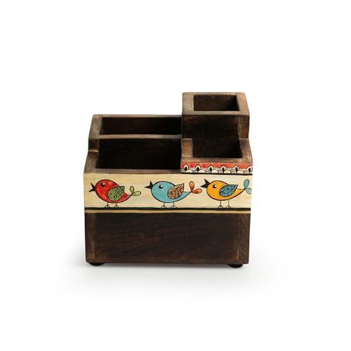 Image of ExclusiveLane 'Flock Of Birds' Cutlery & Stationery Holder (Mango Wood, 5 Partitions) | Handpainted Wooden Cutlery Holder for Kitchen Cutlery organizer Cutlery Holder for Dining Table Cutlery Stand