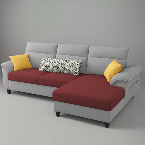Image of Casaliving Seams RHS 4 Seater L Shape Sofa for Living Room (Maroon Grey Fabric) Premium Fabric Sofa