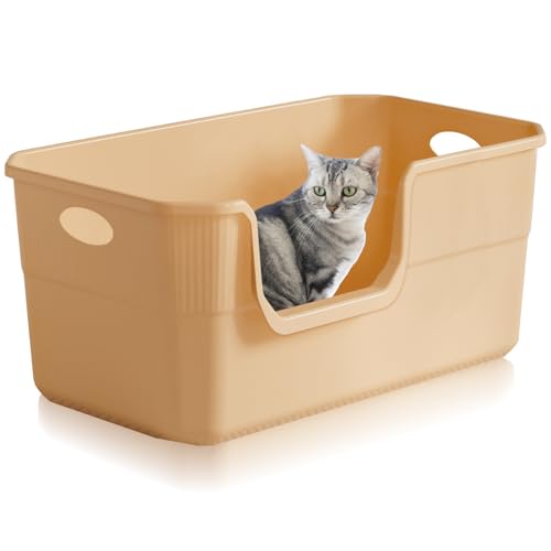 Lighterday Katzenklo Hoher Rand 50 x 35 x 22cm,Katzentoilette Groß, Katzenklo XXL Ohne Deckel Katzenklo Groß Katzentoiletten für Katze, Kaninchen,Kätzchen (Beige 50×35×22CM)