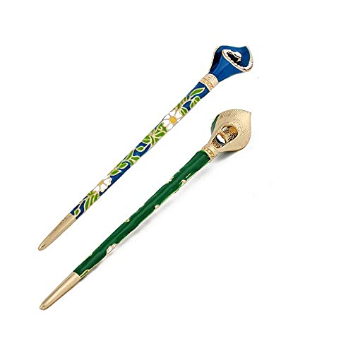 Ximimark Chinese Ethnic Landscape Hair Pin Hair Chopsticks Metal Rhinestone Handmade Hair Stick Hair Clip 2Pcs(Blue&Green)