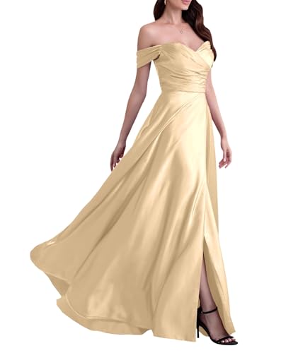 ECDAHICC Schulterfreies Brautjungfernkleid Für Damen Satin Langer Schlitz Elegantes Formelles Abendkleid A-Linie Hochzeits und Partykleid PY-M