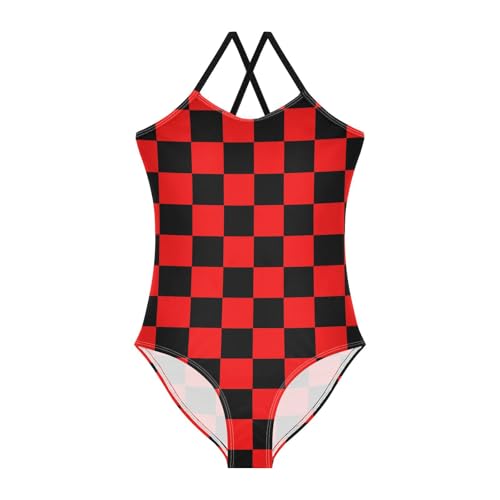 Image of Black and White Chess Girls One Piece Swimsuits Board Marble Tile Sport Halter Swimwear Beach Bathing Suit 3T