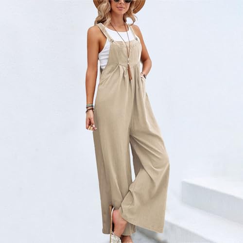 Image of Kubbon Womens Wide Leg Jumpsuits Sleeveless Straps Bib Overalls Summer Baggy Casual Pants Rompers Overalls with Pockets