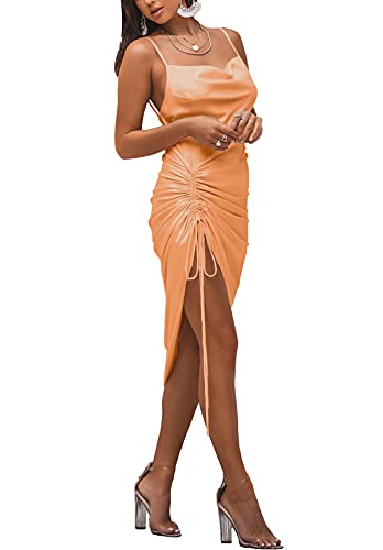 Image of LYANER Women's Satin Spaghetti Straps Cowl Neck Sexy Ruch Cocktail Midi Dresses