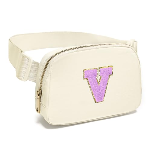 Image of Gitus Gifts for 8 9 10 11 12 Year Old Girls Belt Bag Fanny Pack Crossbody Bags with Initial Letter Patch Cute Stuff Birthday Gifts for Teen Girls Women Personalized Trend Stuff (Ivory-V)
