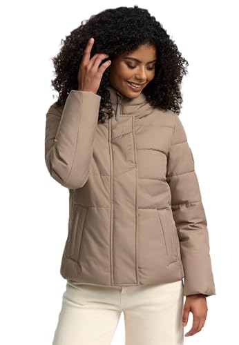 MARIKOO Damen Winterjacke (XS-3XL) - 5 Taschen, große Kapuze, Schlaufen auf der Innenseite, leichte Steppjacke, Warme Jacke Frauen - N019 (L, Taupe-Grey)