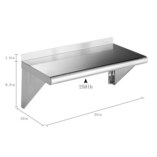 Image of ROCKPOINT Stainless Steel Shelf 12 x 24 Inches 250lb, NSF Metal Commercial Shelves Wall Mount Floating Shelving with Backsplash for Restaurant, Kitchen, Home and Hotel, Silver