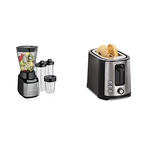 Hamilton Beach Stay or Go Blender with 32oz Jar, 8oz Grinder, Black and Silver (52400) & 2 Slice Extra Wide Slot Toaster with Shade Selector, Toast Boost, Auto Shutoff, Black (22633)