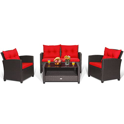 Tangkula 4-Piece Patio Furniture Set, Rattan Wicker Chair Set With 1 Loveseat, 2 Single Sofas, 1 Coffee Table With Tempered Glass Top, Outdoor Furniture Sets For Backyard, Porch, Garden And Poolside #TOP7
