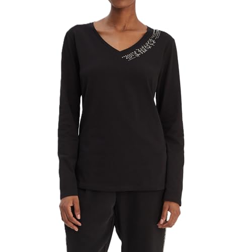 Liu Jo Camiseta de manga larga para mujer con pedrería TA6053, Negro , XL