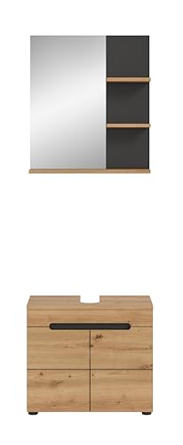 xonox.home Badezimmer Canu 2tlg. Kombination Badmöbel Set kleine Bäder Komplettprogramm Bademöbel-Set in Front + Absetzung Artisan Eiche Nb., Korpus Basalt grau Nb.