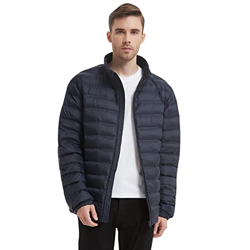 Image of Men's Fashion Thin Puffer Coat With Pocket Standing Collar Duck Down Winter Coat Lightweight Heat Retaining(Navy-8009#,L)