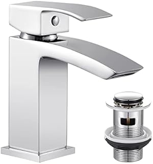 Mighbow Basin Taps Mixers with Pop-up Waste Waterfall Bathroom Sink Tap Square Chrome Monobloc Modern Single Lever