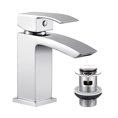 Mighbow Grifos de lavabo con cascada de desagüe para lavabo cuadrado cromado monobloc moderno monomando Cover