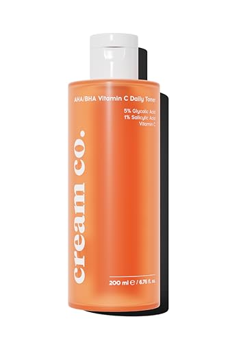 cream co. AHA/BHA Glykolsäure 5%, Salicylsäure 1% mit Vitamin C Gesichtswasser 200 ml, Vegan Anti Mitesser Daily Toner, Porenreiniger für Unreine Haut, Anti Pickel Gesichtstonic, Alle Hauttypen