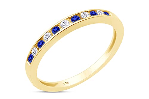 AFFY Round White Natural Diamond & Simulated Blue Sapphire Half Eternity Engagement Wedding Band Ring In 14K Gold Over Sterling Silver For Women (Clarity I2-I3, Color : I-J, 0.23 Cttw)2