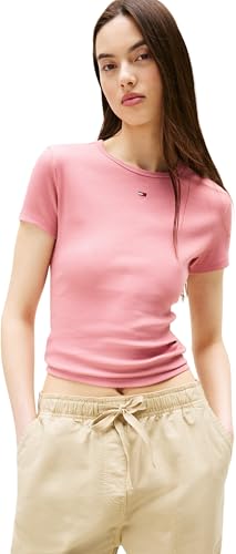 Tommy Jeans Damen T-Shirt Kurzarm Essential Rib Slim Fit, Rosa (Tahiti Berry), XXL 1