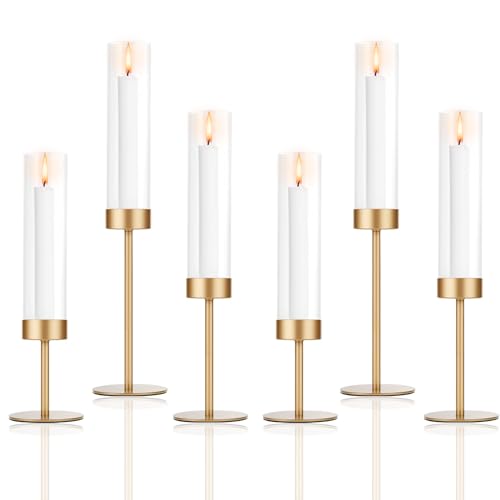 Set of 6 Gold Candle Holders, Tall Hurricane Candlestick Holders with Glass for Taper and Pillar Candles, Home Decor for Wedding, Christmas, Party, Anniversary, Dining Table