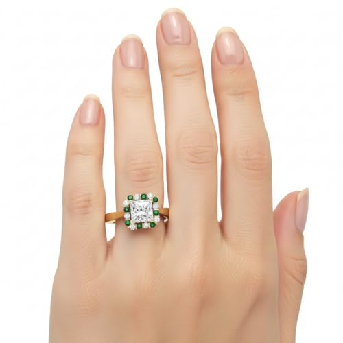 Image of Choose Your Gemstone Floating Halo Diamond CZ Ring Yellow Gold Plated Princess Shape Halo Engagement Rings Everyday Jewelry Wedding Jewelry Handmade Gifts for Wife US Size 4 to 12