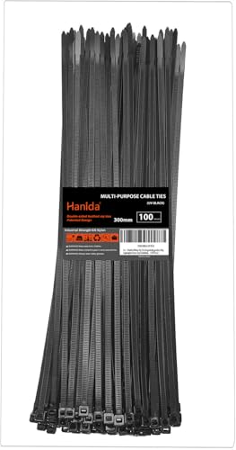 Hanida bridas plastico Cierre de zip de 300mm, dentado doble, Atadura de cables Heavy Duty de 45kg con correas de nylon ajustables autobloquantes y más duraderas para interior/exterior (100 piezas).