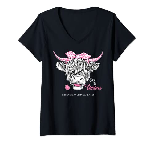 Save The Udders Heifer Cow Día de concientización sobre el cáncer de mama Mujeres Camiseta Cuello V