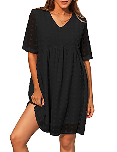 GRACE KARIN Women's Summer Mini Dress Casual Short Sleeve V Neck Swiss Dot Dress Flowy A Line Babydoll Short Dresses Black