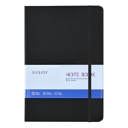 SUQJOY Carnet de Notes A5 Ligné, 160 Pages, Papier Épais 100 g/m², Couverture Rigide, 14 x 21,1 cm, Cahier A5 Noir pour Bureau, École, Travail