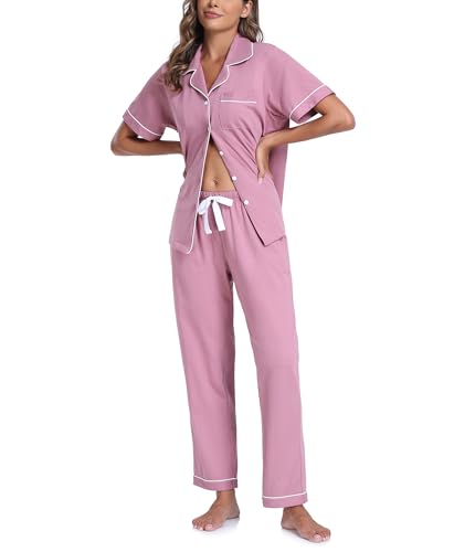 Image of CF Womens 100% Cotton Pajamas Set Button Down Pjs Sets Short Sleeve Top & Long Pants Sleepwear Comfy Loungewear with Pockets
