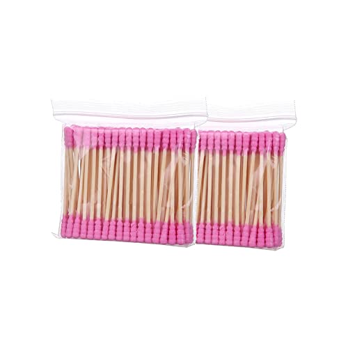 FSSTUD 200 Uds coloridos bastoncillos de algodón de doble punta de algodón para los oídos palillos de algodón con cabeza espiral brotes de algodón con palos de madera para limpiar rosa