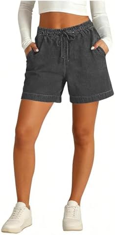 Jean Shorts Women Women's Elastic Waist Denim Look Shorts Drawstring Casual Summer Jean Short with Pockets 2026 Loose Fit Fashion Short Pants - 1