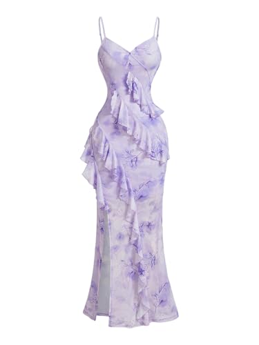 Image of Verdusa Women's Y2k Floral Ruffle Split Thigh Long Cami Dress Bodycon Sleeveless Dress