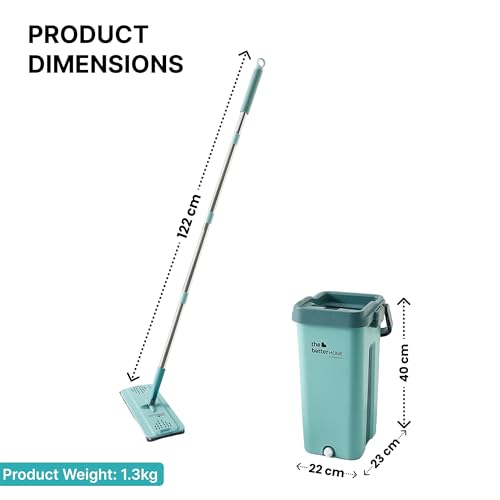 Image of The Better Home 360 Bucket Mop Set | Square Flat Mop with Wringer Bucket | Stainless Steel Handle Floor Cleaning System | Microfiber Mop for Home Kitchen Bathroom Tiles (Green)