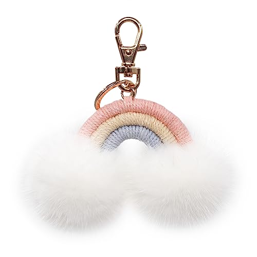 Surell Rainbow Keychain With Mink Fur Pom Clouds - Colorful Cute Keychain For Girls - Luxury Bag Charm - Pastel Rainbow Key Chain - Fluffy Pompom Keychain #TOP12