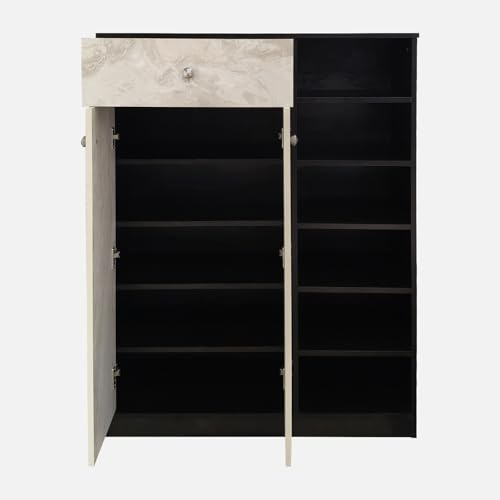 Image of KIK Liberty Engineered Wood 2 Doors Shoe Rack Cabinet Slipper Footwear Stand Organizer with Drawer can Store Up to 24 Pairs for Home (Wenge & Marble Finish)