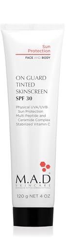 M.A.D Skincare On Guard Tinted Skinscreen SPF 30 – Advanced Sun Protection & Anti-Aging Treatment – Physical Mineral Sunscreen with Hyaluronic Acid & Antioxidants – 4 oz.