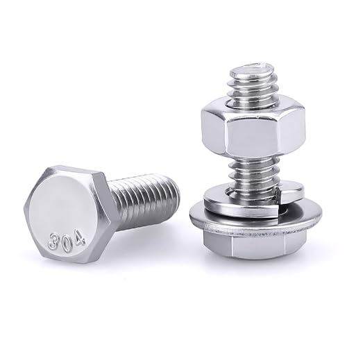 Image of (10 Sets) 1 /4-20 x 3 /4 inch Hex Bolt and Nut Kit, 304 Stainless Steel (18-8), Fully Threaded, Flat & Lock Washers Included