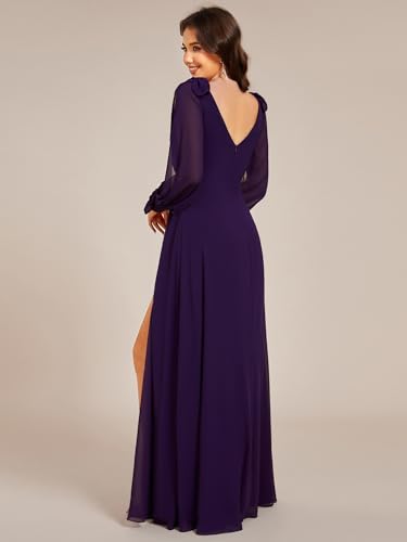 Image of Ever-Pretty Women's Fall Winter Formal Wedding Guest Dress Long Sleeve V Neck Chiffon Floor Length Bridesmaid Dresses 80116