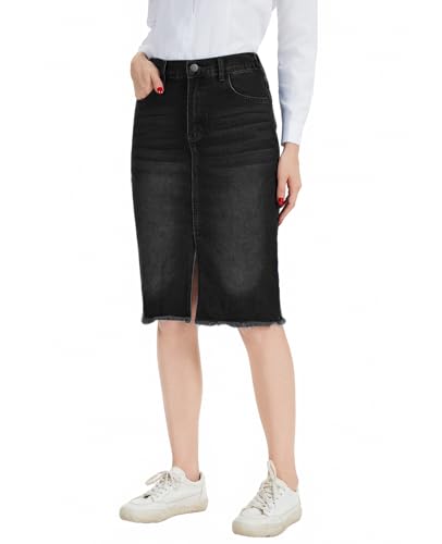 MINTLIMIT Women's Jean Skirt High Waist Front Slit 2025 Frayed Raw Hem Waistband on Back Casual Stretchy Midi Denim Skirts