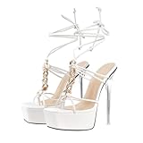 BADDIES Women's Lace Up Platform High Heels Flip Flop Strappy Open Toe Stiletto Heeled Sandals Thong Sexy Clear Acrylic Heels with Rhinestone Chain for Party White US8