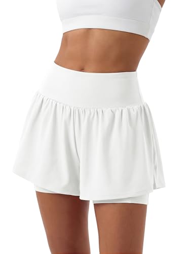Stelle Women 2 in 1 Running Shorts Flowy Athletic Short High Waisted Workout Tennis Gym Short with Liner Pockets (White XL)