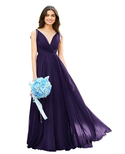 Image of HSFIYAKJ Bridesmaid Dresses Long Chiffon Formal Dress Open Back V Neck Evening Prom Gown for Women with Pockets