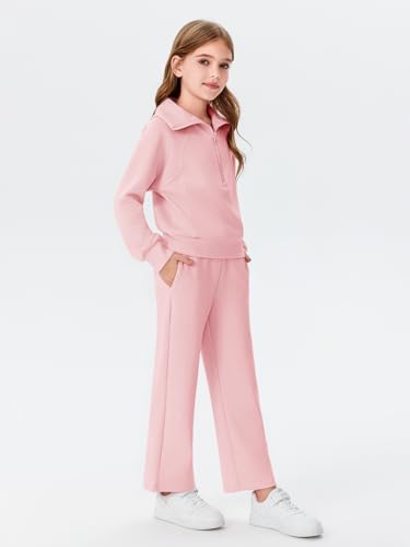Image of Haloumoning Girls 2 Piece Outfits Sweatsuit Half Zip Long Sleeve Sweatshirts Sweatpants Tracksuit Sets 5-14 years