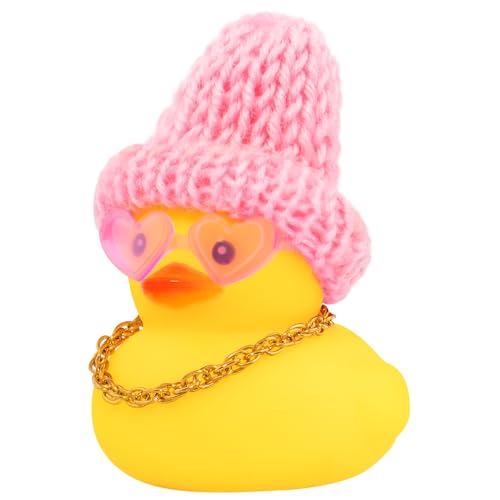 wonuu Car Dashboard Knitted Rubber Ducks, Christmas Eve Decorations Rubber Ducky for Car Ornament Cute Duck with Knit Hat, Glasses, Necklace (Pink)