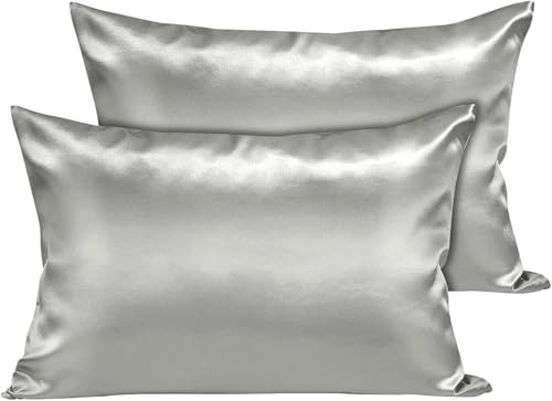 Moonlight Bedding Satin Grey Cooling Pillow Cases 2 Pack -Soft as Silk Pillowcases for Hair and Skin with Envelope Closure Standard Size Silky Pillow Covers (50x75cm)